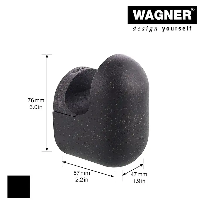 Wagner System Garderobenhaken-Set PILL - L x B x H: 57 x 47 x 76 mm, Schwarz, 4 Stk. - Nahaufnahme eines schwarzen Türstoppers mit den Maßen 76mm Höhe, 57mm Breite und 47mm Tiefe.