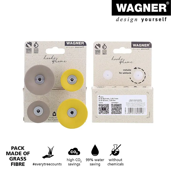 Wagner System Garderobenhaken-Set - Ø x H: 50 x 30 mm, Taupe, Gelb, 4 Stk. - Wandhaken-Set von Wagner, Design yourself. Hergestellt aus Grashalm-Fasern, reduziert CO2, Wasser und Chemikalien.