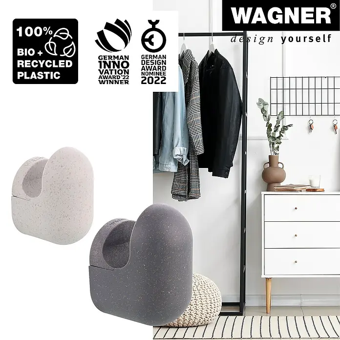 Wagner System Garderobenhaken-Set PILL - L x B x H: 57 x 47 x 76 mm, Schiefergrau/Lichtgrau, 4 Stk. - Produktbild von zwei Schuhhebern der Marke Wagner, hergestellt aus 100% recyceltem Kunststoff, mit zugehörigen Designauszeichnungen.