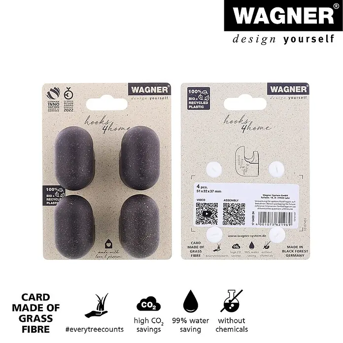 Wagner System Garderobenhaken-Set PILL - L x B x H: 37 x 31 x 51 mm, Schwarz, 4 Stk. - 4er-Set "hooks4home" von WAGNER aus Bio- und Recycling-Kunststoff, ideal zum Aufhängen von Bildern und Dekorationen, nachhaltig und stilvoll.