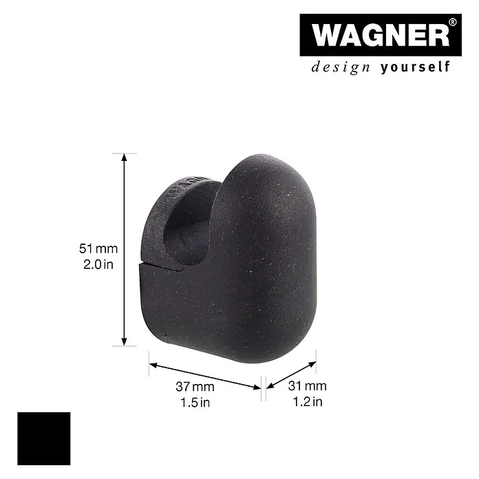 Wagner System Garderobenhaken-Set PILL - L x B x H: 37 x 31 x 51 mm, Schwarz, 4 Stk. - Produktbild eines schwarzen Wagner Türpuffers mit Maßangaben (Höhe: 51 mm, Breite: 37 mm und Tiefe: 31 mm).
