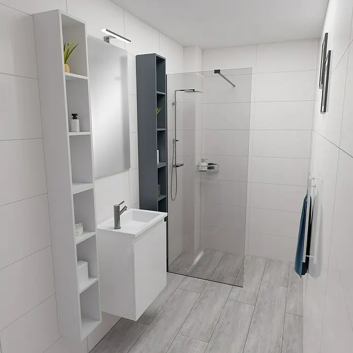 Camargue Espacio Badmöbel-Set H53 - 90 cm, Gama weiß glänzend - Badezimmer mit weißem Waschtischunterschrank, Spiegelschrank und grauer Regalkombination neben einer Duschkabine mit Glaswand.
