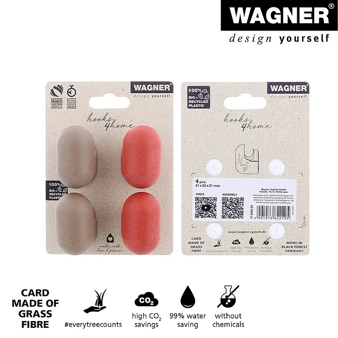 Wagner System Garderobenhaken-Set PILL - L x B x H: 37 x 31 x 51 mm, Taupe/Koralrot, 4 Stk. - Produktfoto: Wagner Hooks4Home Haken-Set, bestehend aus vier Haken in Beige und Rot, verpackt in einer umweltfreundlichen Graspapier-Karte.