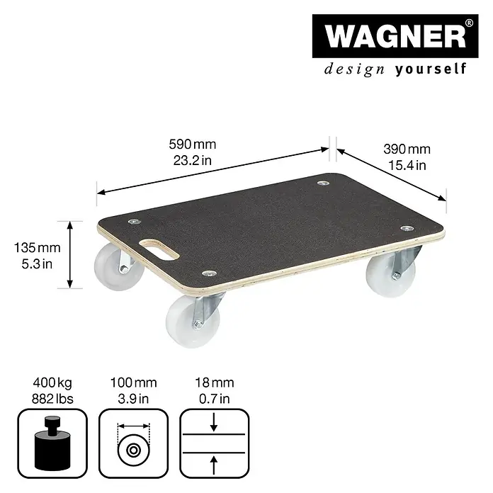 Wagner System Transportroller MM1614 - L x B x H: 590 x 390 x 135 mm, Traglast: 400 kg, Holz - Bild einer Rollplatte von Wagner mit Größenangaben und Traglastinformationen.