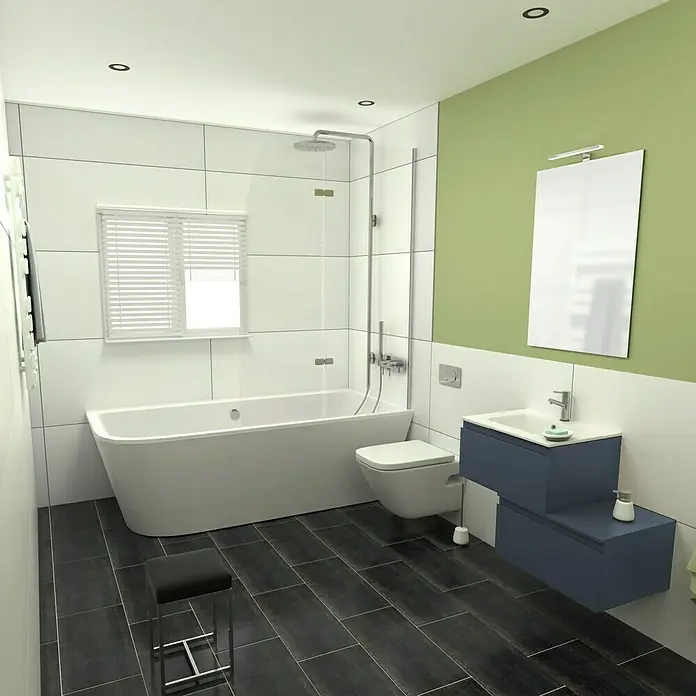 Camargue Espacio Badmöbel-Set G44 - 80 cm, Gama anthrazit matt - Ein Badezimmer mit einer Badewanne, einer Dusche, einem Waschbecken und einer Toilette, die ein modernes und stilvolles Design bietet.