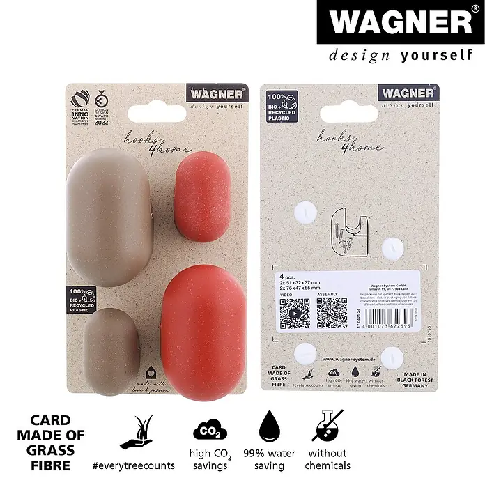 Wagner System Garderobenhaken-Set PILL - L x B x H: 57 x 47 x 76 mm, Taupe/Koralrot, 4 Stk. - Produktabbildung: Wagner Haken für Zuhause, aus Grasfaser gefertigt, umweltfreundlich und nachhaltig.