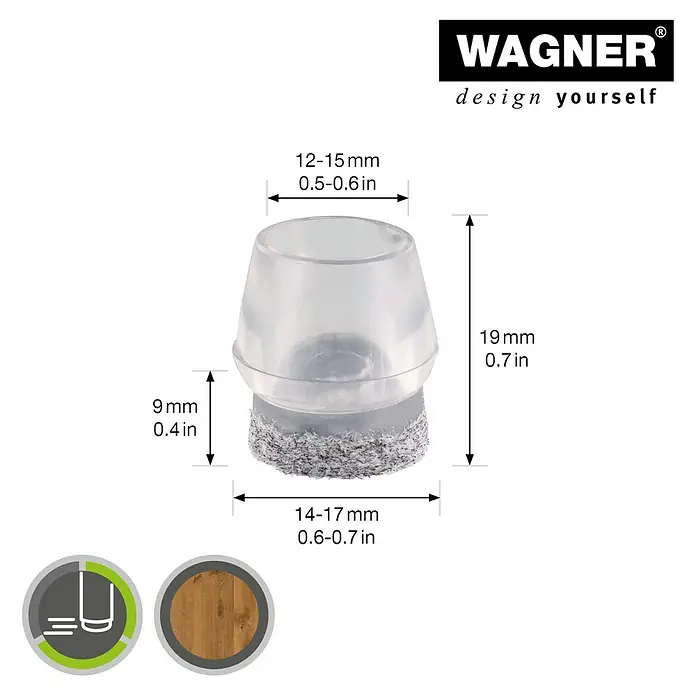 Wagner System Rohrkappen Filz - Durchmesser: 15 mm, Transparent, 4 Stk. - Bild einer transparenten Möbelkappe mit Filzgleiter und Größenangaben.