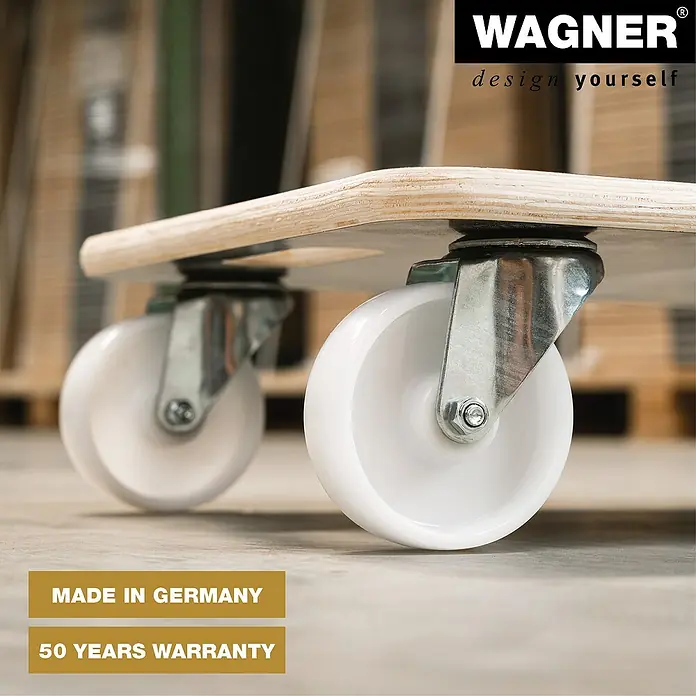 Wagner System Transportroller MM1614 - L x B x H: 590 x 390 x 135 mm, Traglast: 400 kg, Holz - Produktansicht eines Rollbretts von Wagner mit weißen Rollen und silberner Halterung.