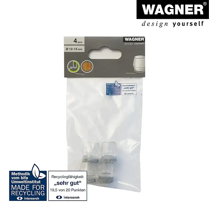 Wagner System Rohrkappen Filz - Durchmesser: 15 mm, Transparent, 4 Stk. - Produktbild: Wagner Stuhlbeinkappen, 4 Stück, Ø 12-15 mm, für Möbelbeine, Made for Recycling, ausgezeichnet mit "sehr gut".