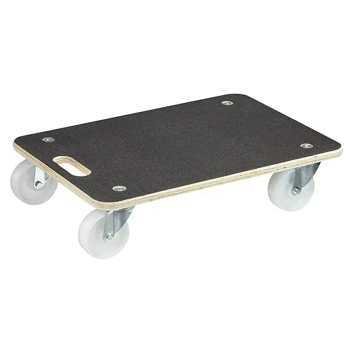 Wagner System Transportroller MM1614 - L x B x H: 590 x 390 x 135 mm, Traglast: 400 kg, Holz - Eine Transportrolle mit einer Holzplattform und vier weißen Rollen. Ideal zum Bewegen schwerer Gegenstände.