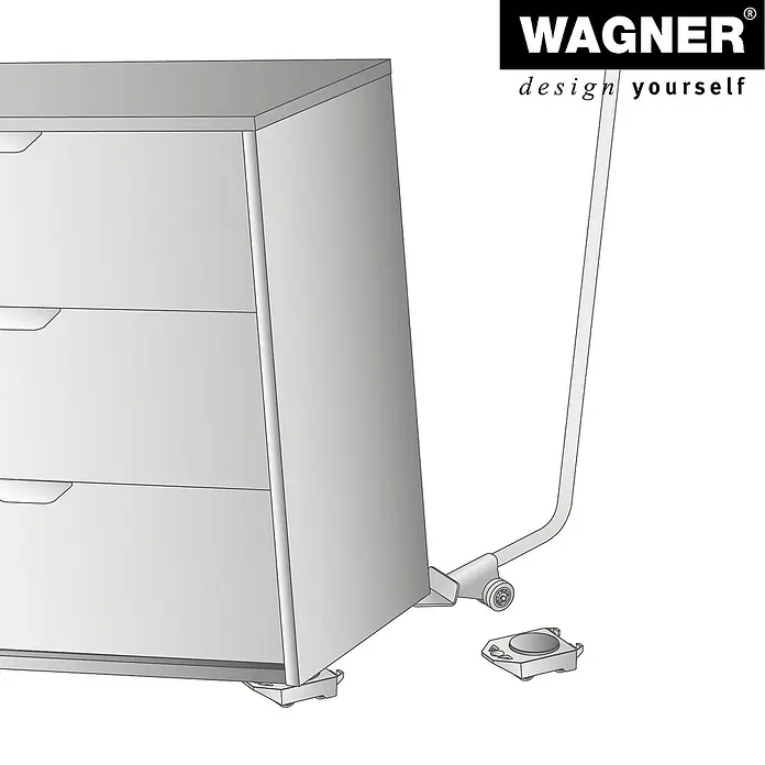 Wagner System Transportroller Möbelheber mit Schaufel - Traglast: 150 kg, Stahl - Eine stilisierte Illustration eines WAGNER Möbelrollers unter einem grauen Möbelstück mit Schubladen. Einfach zu montieren und anzuwenden.