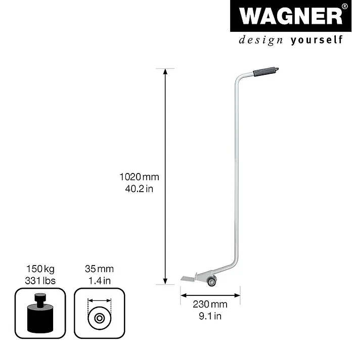 Wagner System Transportroller Möbelheber mit Schaufel - Traglast: 150 kg, Stahl - Abbildung eines Wagner-Produkts mit Maßangaben zu Gewicht, Abmessungen und weiteren technischen Details.