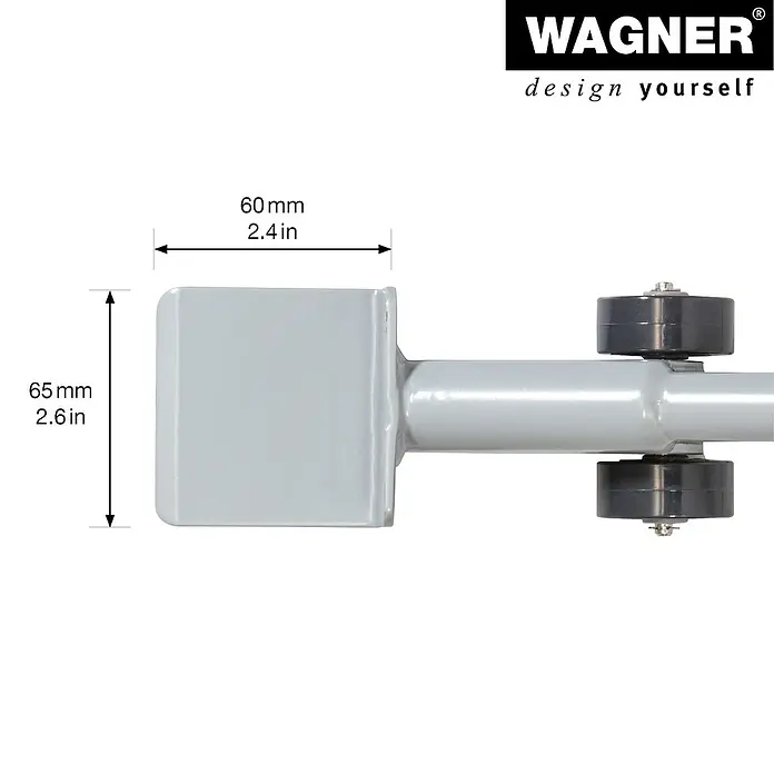 Wagner System Transportroller Möbelheber mit Schaufel - Traglast: 150 kg, Stahl - Detailaufnahme eines Wagner-Produkts mit Maßangaben. Die Abmessungen sind 60 mm x 65 mm, was etwa 2.4 Zoll x 2.6 Zoll entspricht.