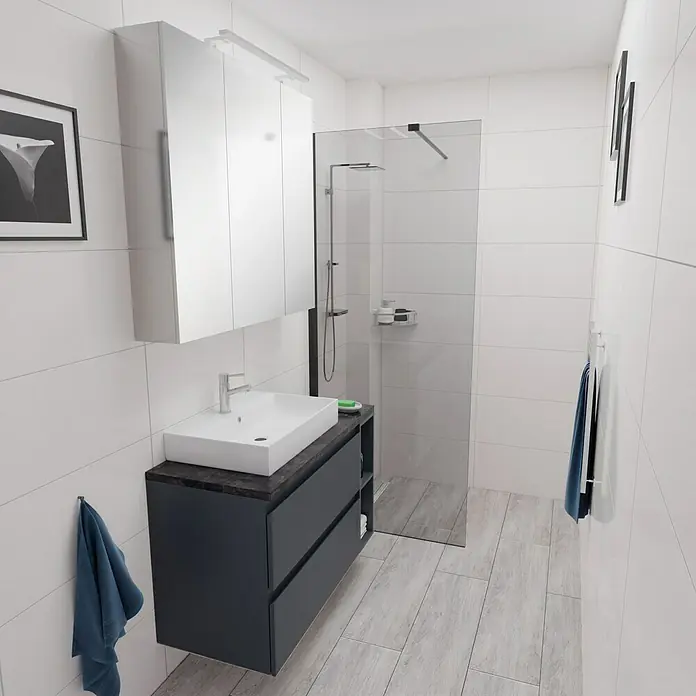 Camargue Espacio Badmöbel-Set i124 - 100 cm, Gama anthrazit matt - Badezimmer-Interieur mit einem Waschtischunterschrank in Grau, einem weißen Aufsatzwaschbecken und einem Spiegelschrank. Moderne Badgestaltung.