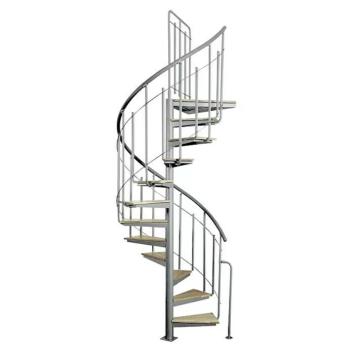 Atrium Spindeltreppe Solo Vertical - Farbton Metall: RAL 9006, Durchmesser: 120 cm, Stahl, Buche, Geschosshöhe: 264 cm - 286 cm - Moderne Wendeltreppe aus grauem Metall mit hellen Holzstufen und dünnen Metallbalustern.