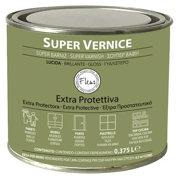 Fleur Barniz Brillante - Brillante, 375 ml, Transparente - Bote de barniz transparente Super Vernice. Apto para muebles, paredes, puertas, azulejos y encimeras. Protege y da brillo. 0,375L.