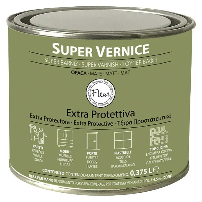 Fleur Barniz Mate - Mate, Transparente, 375 ml - Una lata verde oliva de pintura Super Vernice, adecuada para muebles, paredes, puertas, azulejos y encimeras.