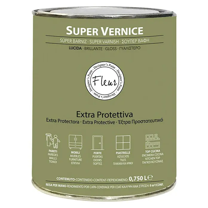 Fleur Barniz Brillante - Brillante, 750 ml, Transparente - Lata de barniz Super Vernice, barniz premium para muebles, paredes, puertas y azulejos, protección extra, ideal para encimeras de cocina y superficies.