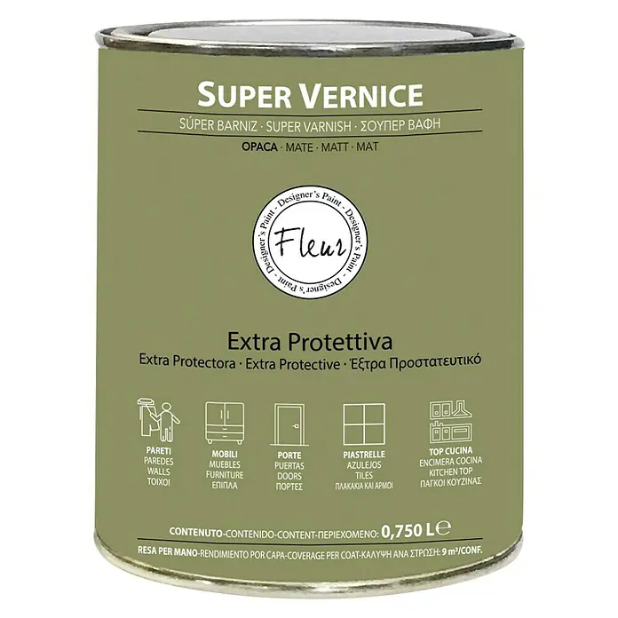 Fleur Barniz Mate - Mate, Transparente, 750 ml - Bote de barniz transparente Super Vernice para muebles, paredes, puertas, azulejos y encimeras de cocina. Protección extra y acabado mate.