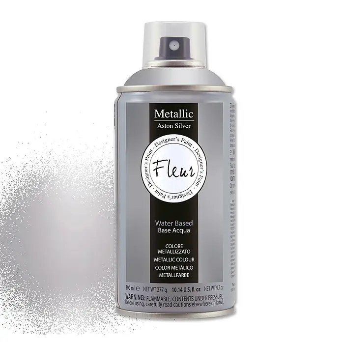 Fleur Pintura decorativa en spray Opaco - Plateado, 300 ml - Pintura en aerosol metálica color plata "Aston Silver" de Fleur para diversos proyectos de diseño.