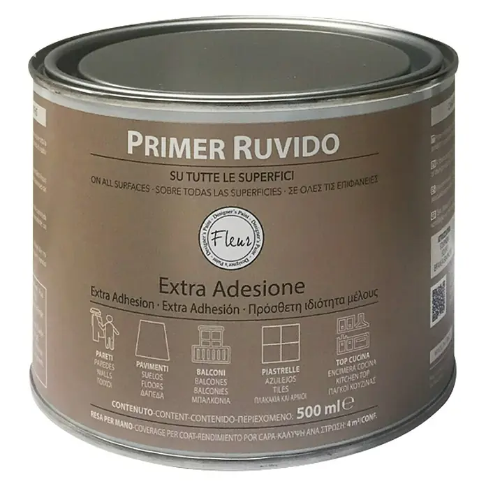 Fleur Imprimación Fondo Rugoso - Transparente, 500 ml - Un bote de pintura Primer Ruvedo marrón, apto para diversas superficies, con un contenido de 500 ml.