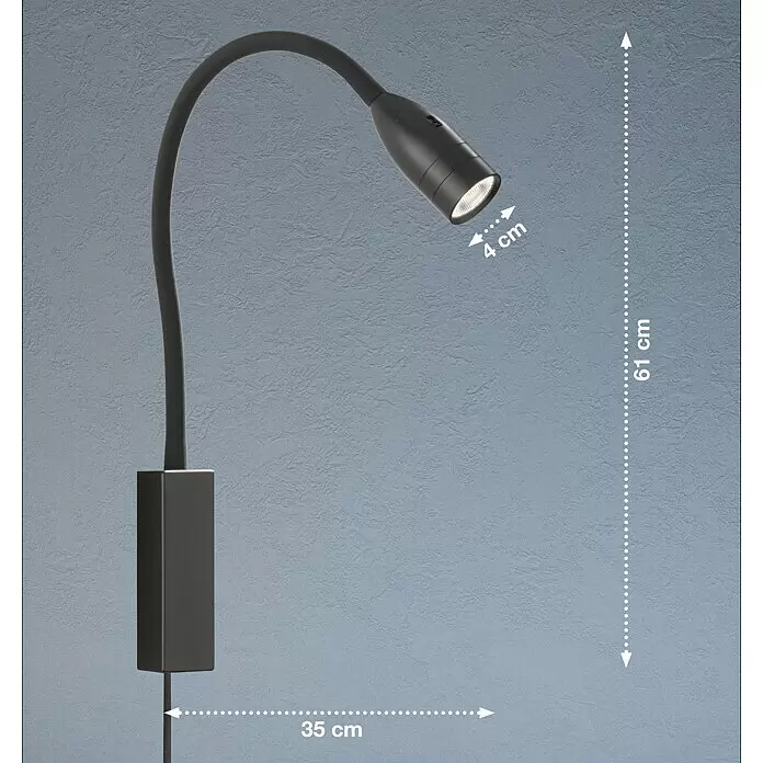Fischer & Honsel LED-Wandstrahler Sten - 5 W, L x B x H: 40 x 35 x 11 cm, schwarz matt, Warmweiß - Schwarze Wandleseleuchte mit flexiblem Arm, 61 cm hoch, 35 cm Wandausladung, 4 cm Lampenkopfdurchmesser.