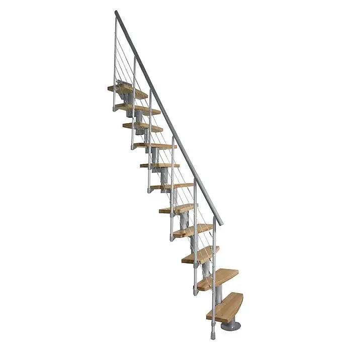 Atrium Raumspartreppe Mini Plus Linco - Farbton Metall: RAL 9006, Breite: 60 cm, Buche, Geschosshöhe: 222 cm - 300 cm - Moderne Modultreppe mit hellen Holzstufen und silbernen Metallgeländerstäben, Handlauf und Seilfüllung.