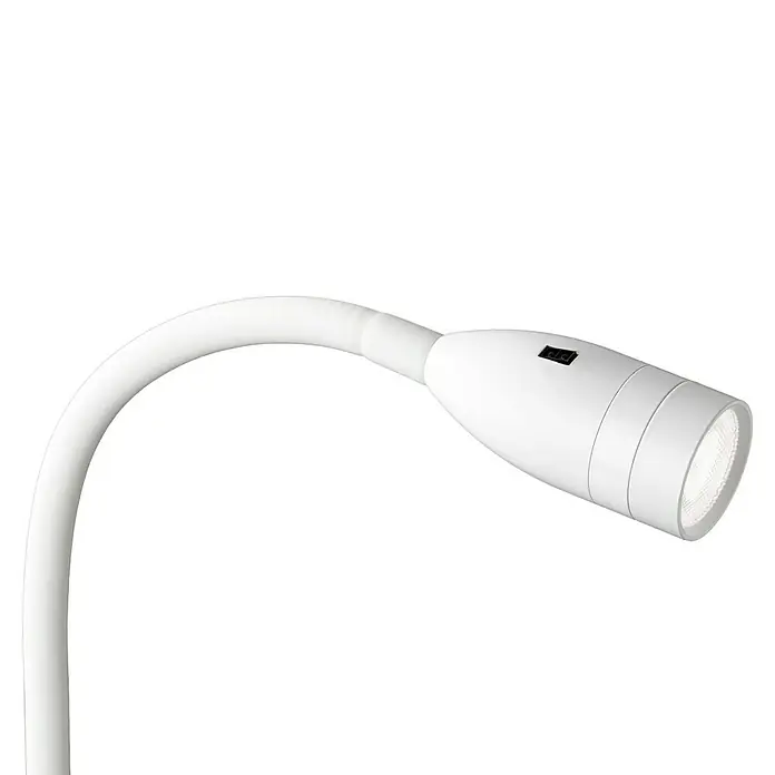 Fischer & Honsel LED-Wandstrahler Sten - 5 W, L x B x H: 40 x 35 x 11 cm, weiß matt, Warmweiß - Nahaufnahme einer modernen, weißen Schreibtischlampe mit flexiblem Hals und LED-Licht für optimale Ausleuchtung.