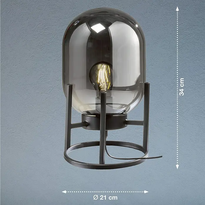 Fischer & Honsel Tischleuchte - L x B x H: 5 x 17 x 8 cm, Schwarz, E27 - Tischleuchte mit grauem Glaslampenschirm und schwarzem Metallfuß, Höhe 34 cm und Durchmesser 21 cm.