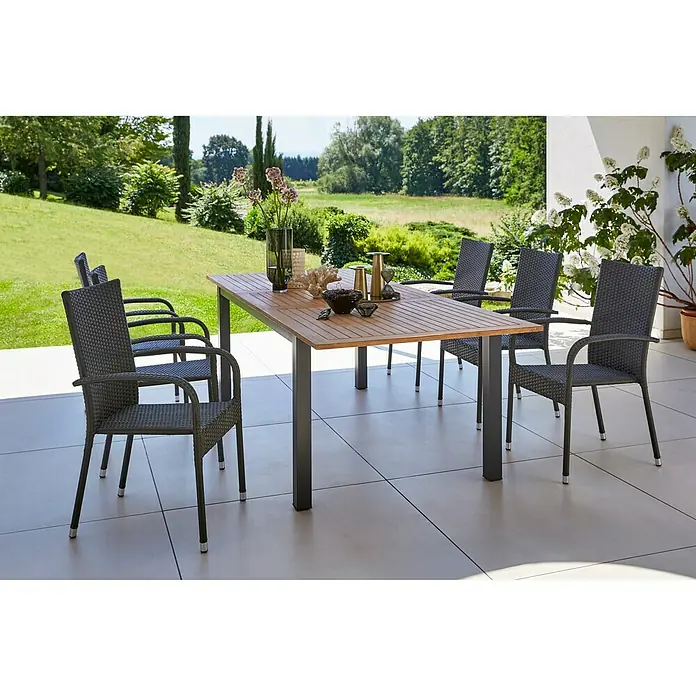 Gartenmöbel-Set Carina/Neila - 7 -tlg., Akazie/Polyrattan/Stahl, Naturbraun/Silbergrau - Elegantes Gartenmöbelset mit Esstisch und Stühlen. Das Set lädt zum Verweilen im Freien ein und bietet Komfort und Stil für jeden Garten.