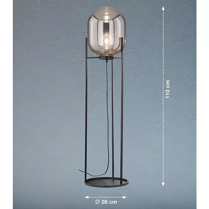 Fischer & Honsel Stehleuchte - 40 W, Höhe: 130 cm, schwarz matt, E27 - Stehlampe aus schwarzem Metall mit rauchfarbenem Glasschirm, 110 cm hoch, 28 cm Durchmesser.