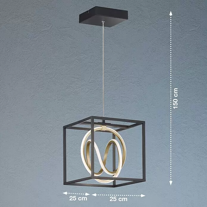 Fischer & Honsel LED-Pendelleuchte - 15 W, L x B x H: 61 x 35 x 4 cm, Mehrfarbig - Moderne Pendelleuchte mit schwarzem quadratischem Rahmen und gold-weißen LED-Ringen, Gesamthöhe 150 cm, Rahmen 25x25 cm.