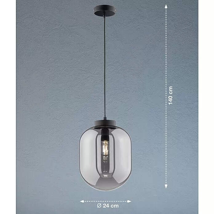 Fischer & Honsel Pendelleuchte - 40 W, L x B x H: 110 x 28 x 28 cm, E27 - Schwarze Pendelleuchte mit Rauchglas und sichtbarer Glühbirne. 140 cm hoch, 24 cm Durchmesser.
