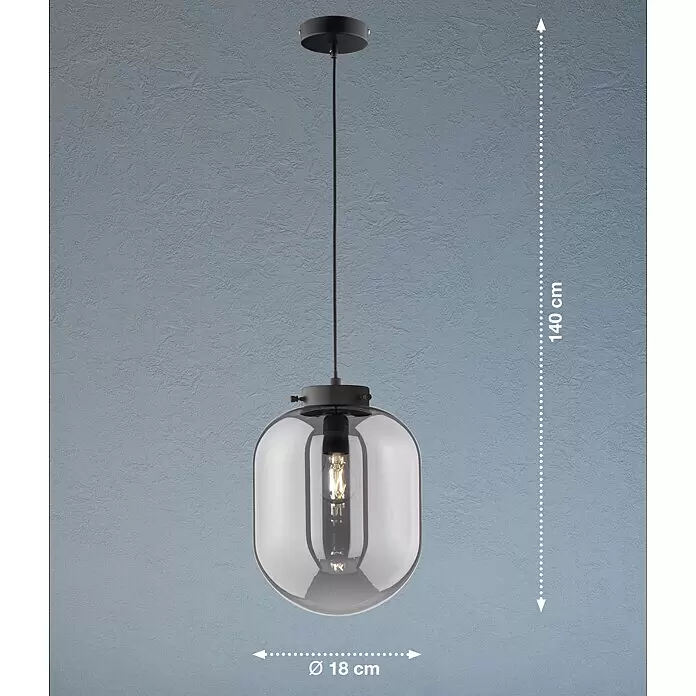 Fischer & Honsel Pendelleuchte - 40 W, L x B x H: 130 x 20 x 20 cm, E27 - Schwarze Pendelleuchte mit Rauchglas-Schirm und sichtbarer Glühbirne, 140 cm hoch, Ø 18 cm.