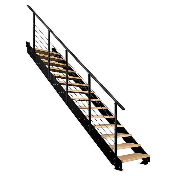Atrium Wangentreppe Prosto - Farbton Metall: RAL 9005, Breite: 80 cm, Buche, Geschosshöhe: 274,5 cm - 285 cm - Moderne Treppe aus schwarzem Metall mit hellen Holzstufen und Edelstahlseilgeländer.