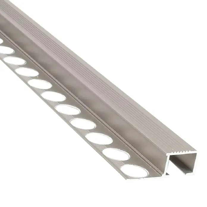 Perfil cuadrado para peldaños - Aluminio, Plateado, 13 mm - Perfil de borde de azulejos plateado con orificios para bordear y proteger las superficies de los azulejos contra daños.