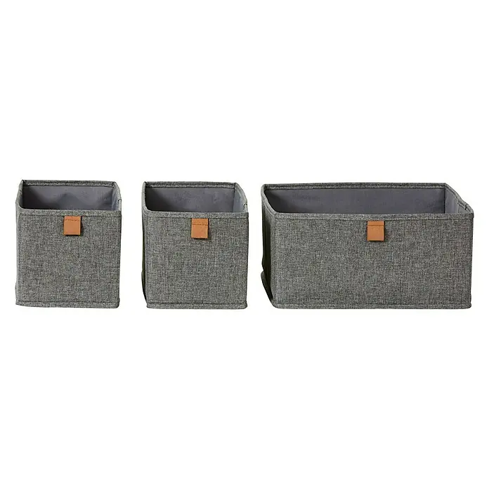 Aufbewahrungsbox-Set - 3 -tlg., Textil, Grau - Drei graue Stoffaufbewahrungsboxen unterschiedlicher Größe mit braunen Ledergriffen zur Organisation von Gegenständen.