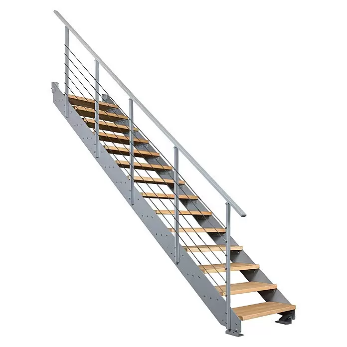 Atrium Wangentreppe Prosto - Farbton Metall: RAL 9006, Breite: 80 cm, Buche, Geschosshöhe: 274,5 cm - 285 cm - Moderne offene Treppe mit Holzstufen, grauem Metallrahmen und Edelstahlseilgeländer.