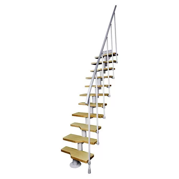 Atrium Raumspartreppe Mini - Farbton Metall: RAL 9006, Breite: 60 cm, Buche, Geschosshöhe: 222 cm - 300 cm - Platzsparende Wendeltreppe mit hellen Holzstufen und hellgrauem Metallgeländer.