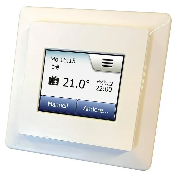Thermostatkopf Smart Home E-Power WLAN - Weiß - Das Bild zeigt einen weißen, digitalen Thermostat an der Wand, der die aktuelle Temperatur und Einstellungen anzeigt.