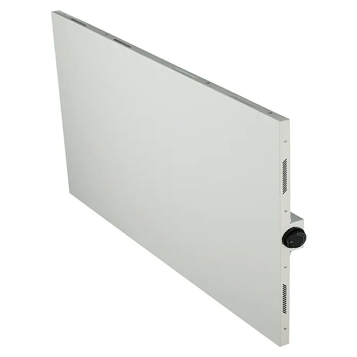 Admiral Infrarot-Metallheizkörper - 1.200 x 600 mm, 1.100 W, Weiß - Ein weißer Heizkörper mit einem Drehknopf zur Temperaturregelung vor einem schwarzen Hintergrund.