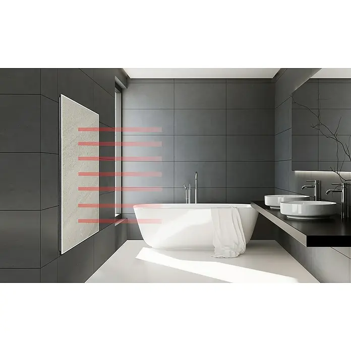 Jollytherm Infrarot-Keramikheizkörper - B x H: 600 x 1.200 mm, 1.100 W, Grau - Ein modernes Badezimmer mit einer stilvollen Badewanne, Waschbecken und einem eleganten, flachen Heizkörper, der Wärme abstrahlt.