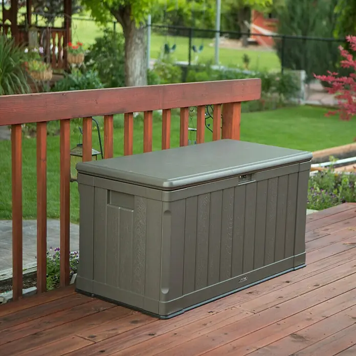 Lifetime Gartenbox Harmony - 128 x 64 x 67 cm, Braun, Kunststoff - Geräumige Lifetime Aufbewahrungsbox aus robustem Kunststoff für den Außenbereich, ideal zur Lagerung von Gartenutensilien.