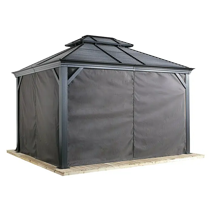 Sojag Pavillon-Seitenwand Mykonos 12 x 16 - Passend für Pavillon Mykonos 12 x 16, Grau - Ein elegantes Pavillon mit dunklen Vorhängen, ideal für den Garten. Das hochwertige Gartenhaus bietet Schutz und Privatsphäre im Freien.