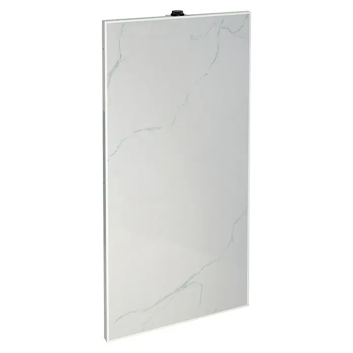 Jollytherm Infrarot-Keramikheizkörper - B x H: 600 x 1.200 mm, 1.100 W, Weiß, Grau - Das Bild zeigt eine große, rechteckige Marmorplatte mit einem unauffälligen schwarzen Befestigungselement an der Oberseite. Die Platte wirkt hochwertig.