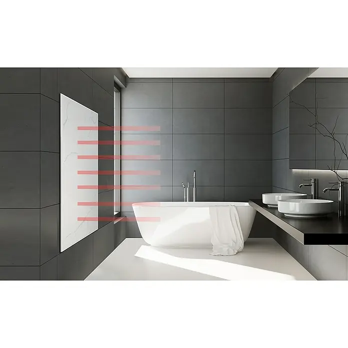 Jollytherm Infrarot-Keramikheizkörper - B x H: 600 x 1.200 mm, 1.100 W, Weiß, Grau - Ein modernes Badezimmer mit einem schlanken, weißen Handtuchwärmer an der Wand, der Wärme abstrahlt. Elegantes Design trifft auf Funktionalität.