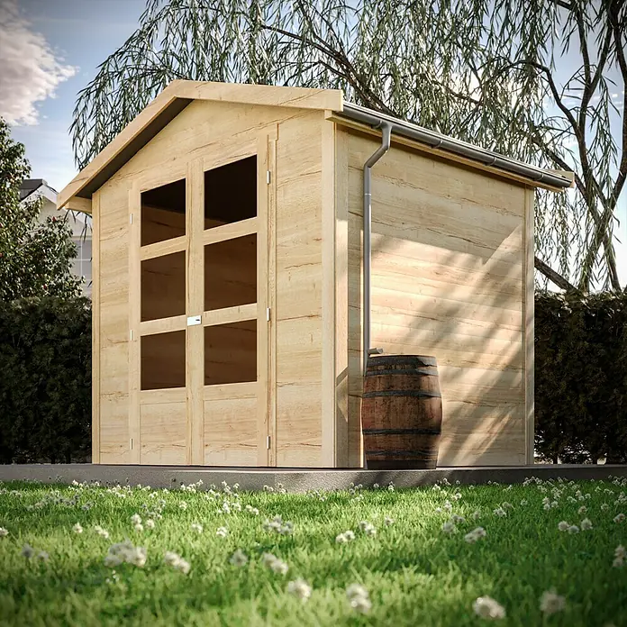 Marley Fallrohr-Bogenverbinder - Nennweite: 53 mm, Kunststoff, Grau - Ein hölzernes Gartenhaus mit Doppeltür und einem Regenauffangbehälter unter dem Fallrohr im Garten.