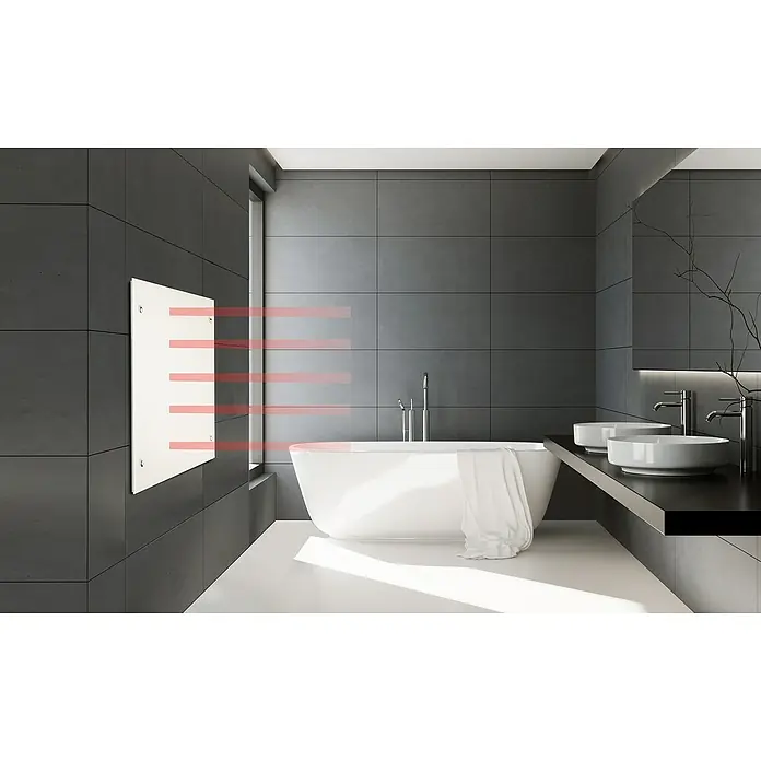 Admiral Infrarot-Glasheizkörper - 700 x 550 mm, 500 W, Weiß - Das Bild zeigt einen modernen Badezimmerheizkörper. Der Heizkörper ist weiß und hängt an einer grauen Wand. Die Heizstrahlen sind sichtbar.
