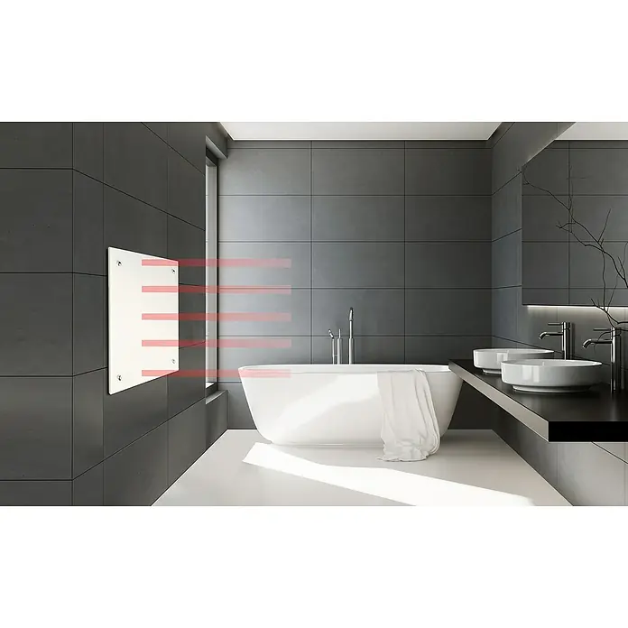 Admiral Infrarot-Glasheizkörper - 500 x 500 mm, 350 W, Weiß - Modernes Badezimmer mit einer stilvollen Infrarotheizung an der Wand für angenehme Wärme.