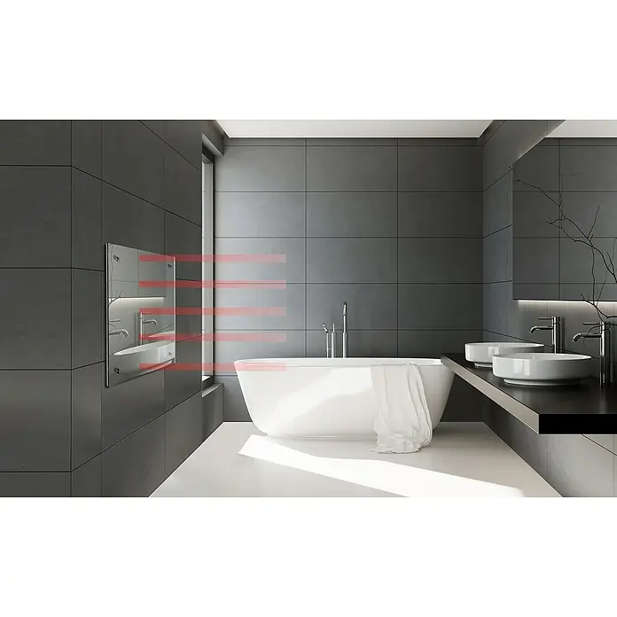 Admiral Infrarot-Spiegelheizkörper - 500 x 500 mm, 350 W - Elegantes Badezimmer mit modernem Handtuchwärmer, freistehender Badewanne und Doppelwaschbecken. Das Design ist minimalistisch und stilvoll.